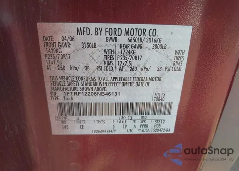 2006 Ford F-150 Stx/Xl/Xlt from USA, damaged, VIN 1FTRF12206NB46131
